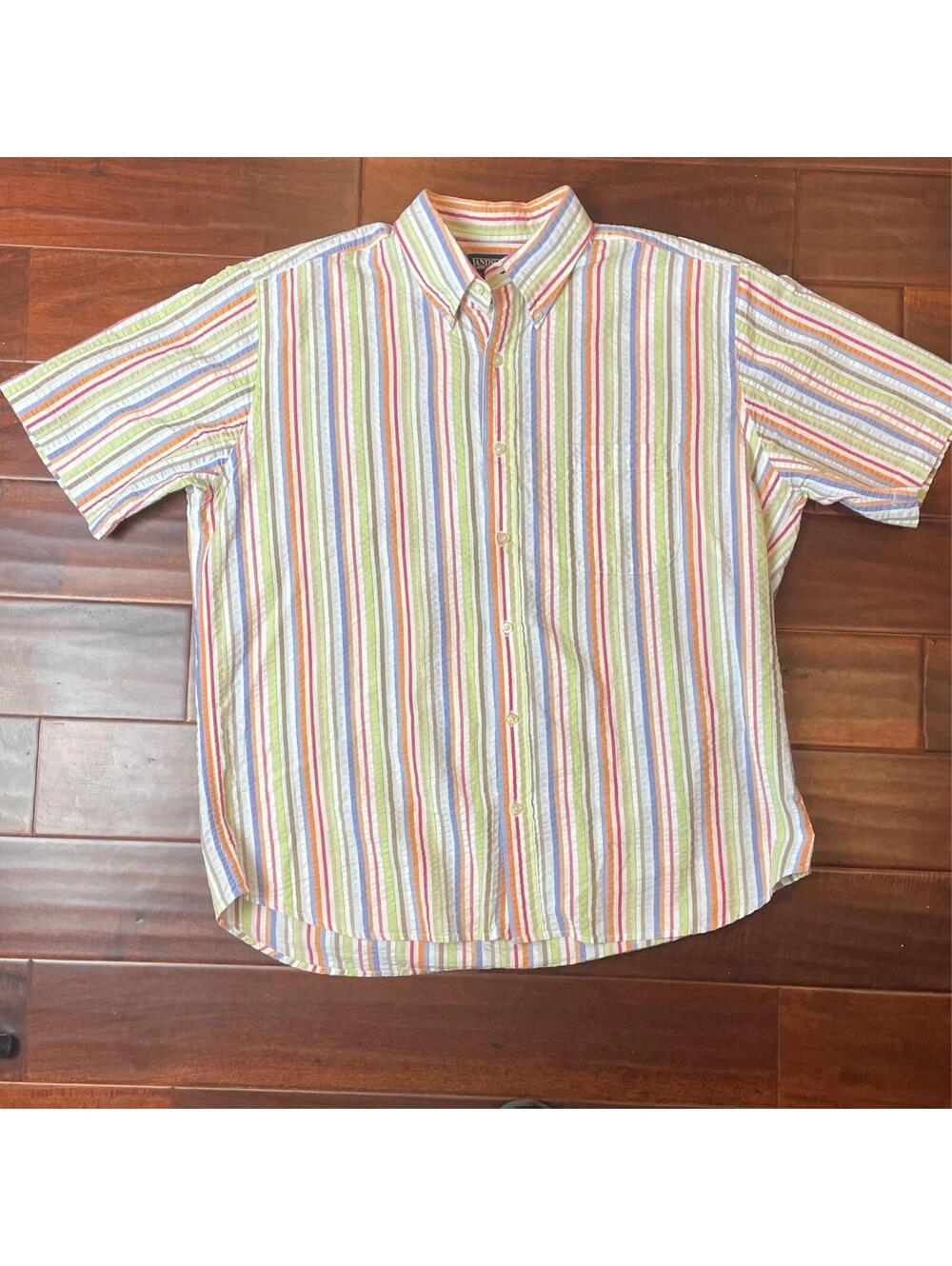 Lands End Mens Short Sleeve Seersucker Multicolor Stripe Shirt Size Large